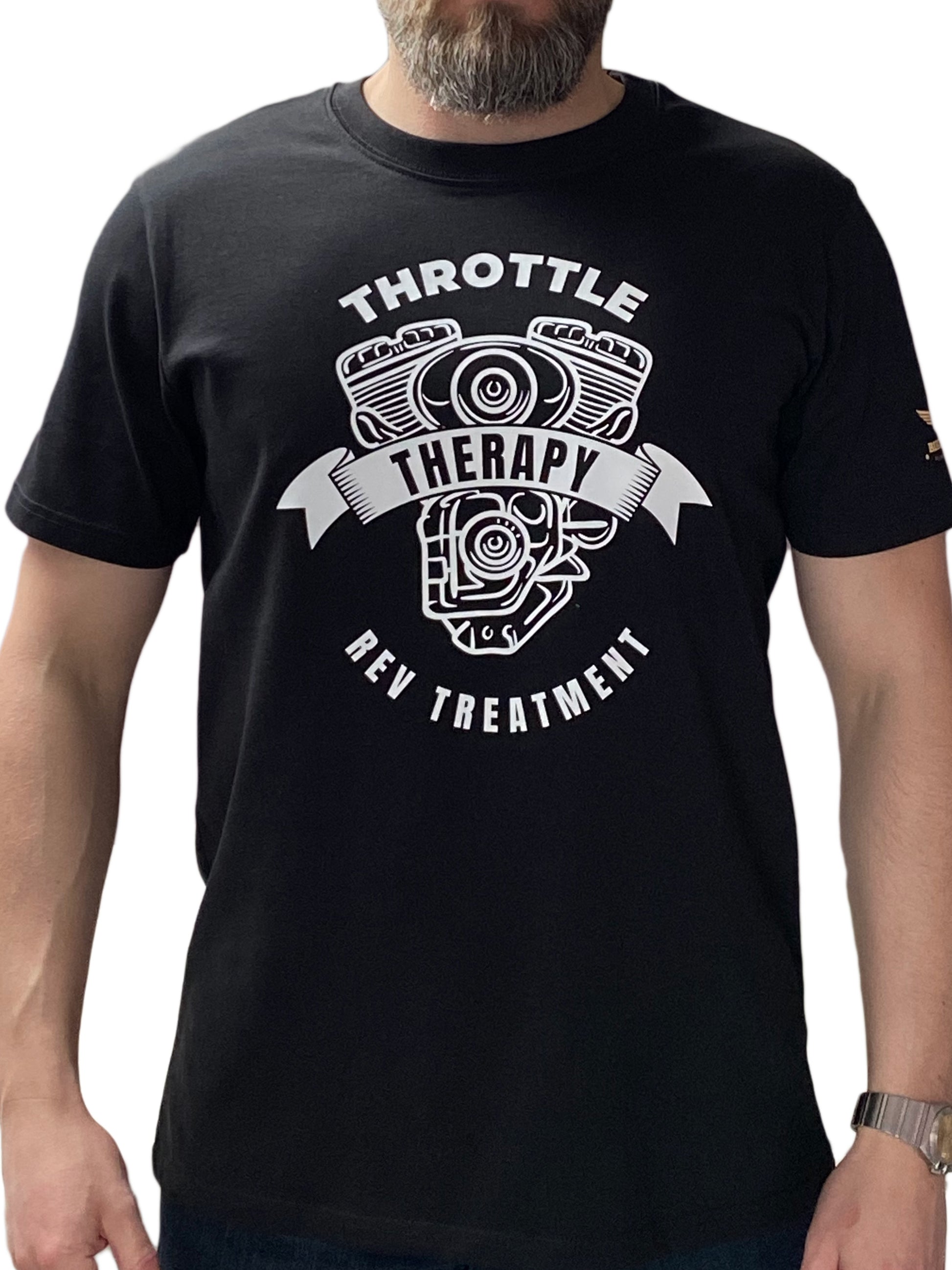 Motorcycle shirt Bikesaint Throttle Therapy black short sleeve front zoom